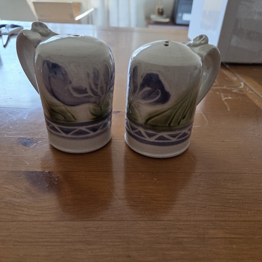 Large Studio Pottery Salt & Pepper Shakers With Hand Painted Purple Flowers